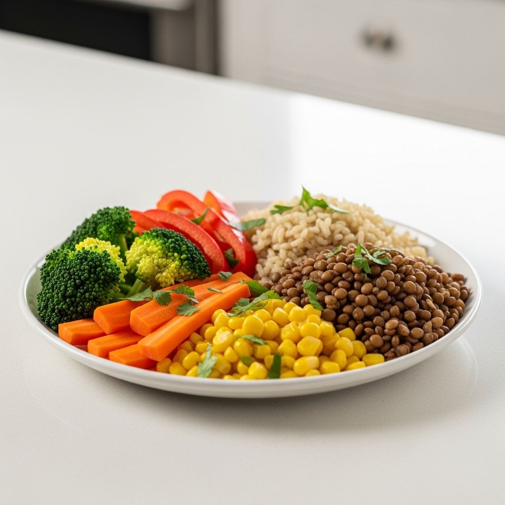 Tallrik med välbalanserad måltid innehållande grönsaker i olika färger, fullkornsris, linser och örter på en ljus köksyta