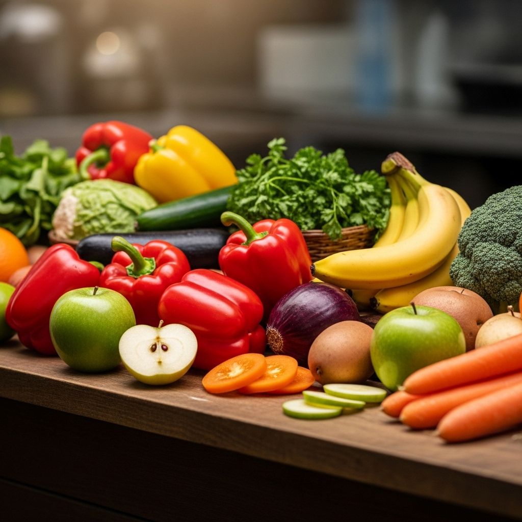 Levande frukt och grönsaker i intensiva naturliga färger - röd paprika, gula bananer, gröna äpplen och orange morötter på en marknadsdisk