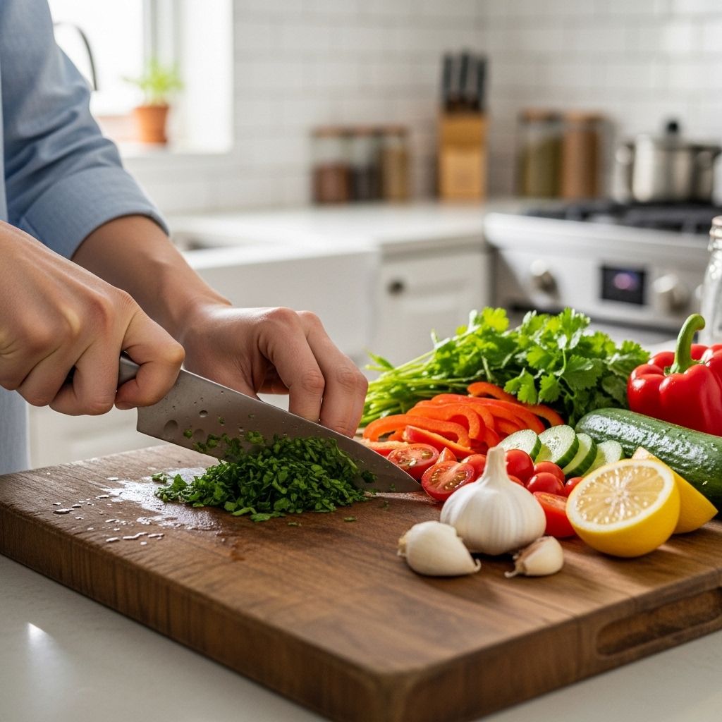Händer som finhackar färska örter och grönsaker på en träskärbräda i ett ljust och välorganiserat kök