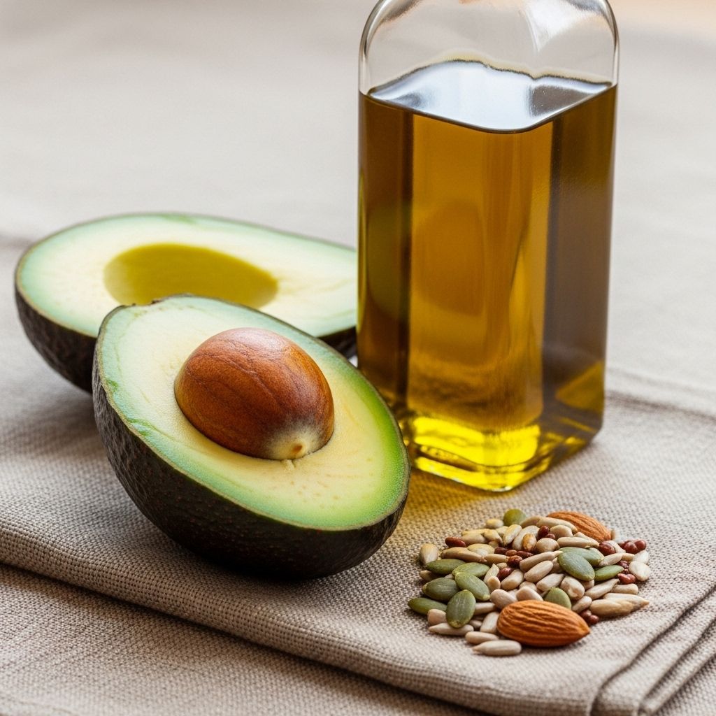 Halverad avokado, olivolja i en glasflaska och en blandning av frön och nötter på en naturlig linneservett