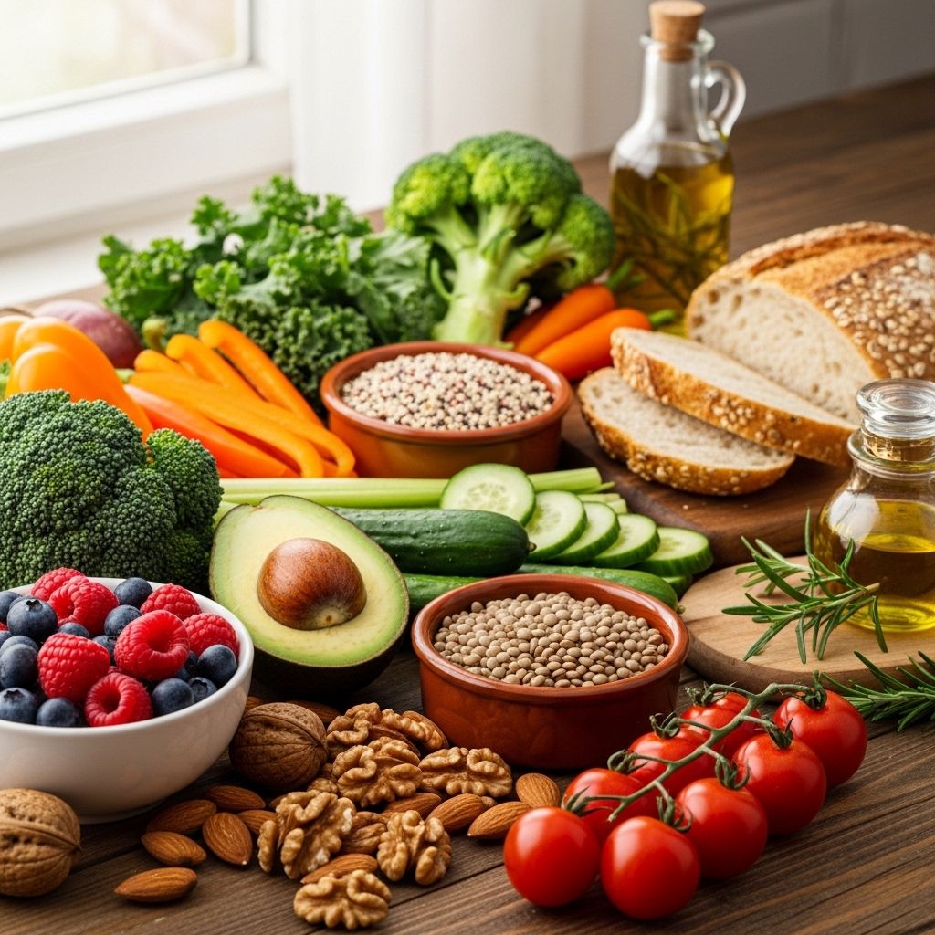 Färsk och varierad kost med frukter, grönsaker, baljväxter och fullkornsprodukter arrangerade på ett träbord i naturligt ljus