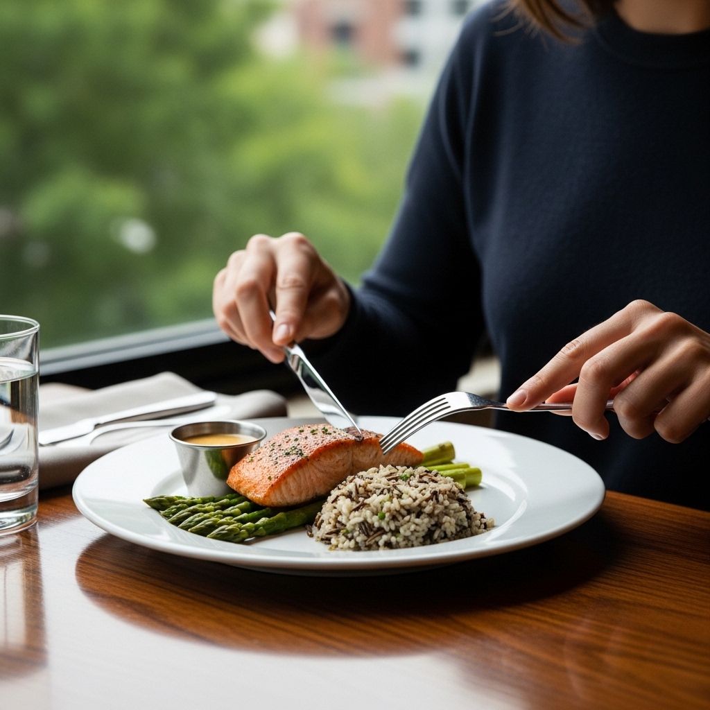 En person som lugnt äter en välkomponerad måltid vid ett fönster med naturligt ljus, med fullt fokus på tallriken framför sig