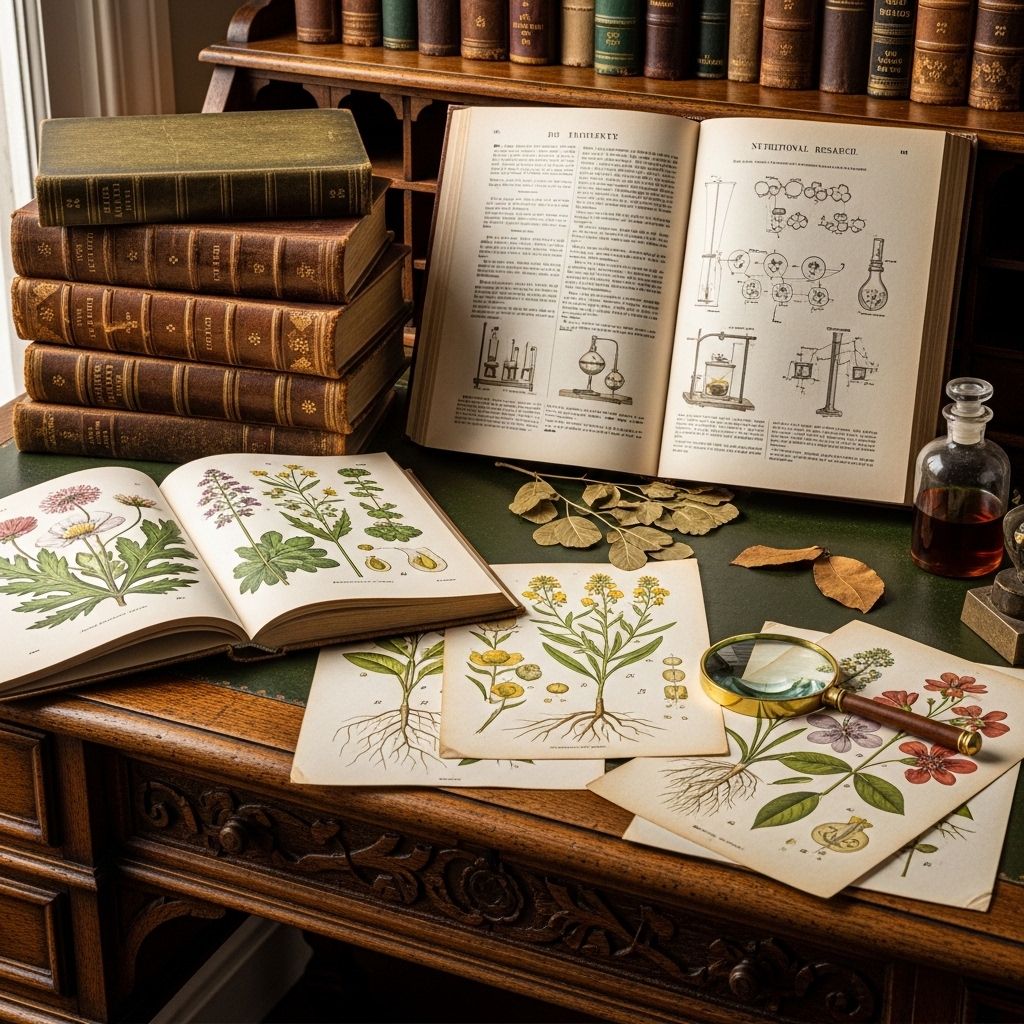 Gamla vetenskapliga böcker och illustrationer av botanik och näringsforskning placerade på ett antikt skrivbord med naturligt ljus
