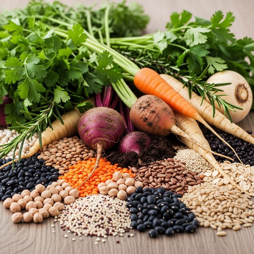Närbild av färska, obearbetade hela livsmedel: gröna örter, rotfrukter, baljväxter och fullkornsfrön arrangerade på en träyta
